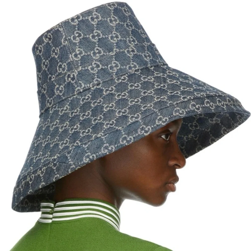 Gucci GG Denim Monogram Bucket Hat Wide Large Brim Navy Blue Jacquard Beach - Picture 11 of 16
